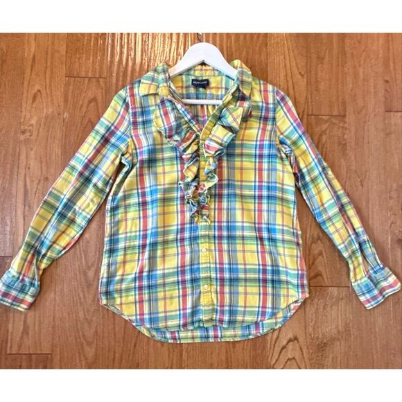 Ralph Lauren yellow plaid ruffle neck button down girls 16 - Picture 8 of 8